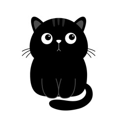 Cat sitting. Sad face head silhouette icon. Funny kawaii doodle animal. Cute cartoon funny baby pet character. Ear, eye, tail. Black sticker print. Flat design. White background. Isolated.