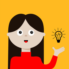 Woman young girl pointing to showing idea light bulb. Lady, female. Management concept. Business activities. Social networks avatar. Cute cartoon character. Flat design. Yellow background.