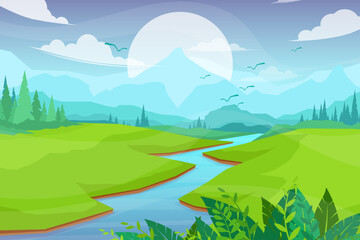 Nature scene with river and hills vector illustration