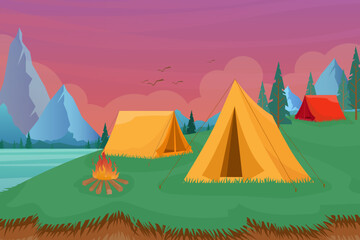 Summer camping vector illustration with Camping tents Outdoor nature adventure