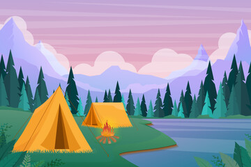 Summer camping vector illustration with Camping tents Outdoor nature adventure