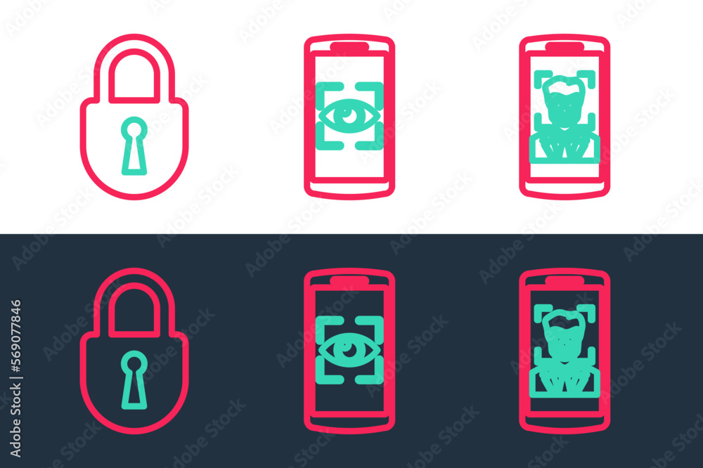Poster set line mobile and face recognition, lock and eye scan icon. vector