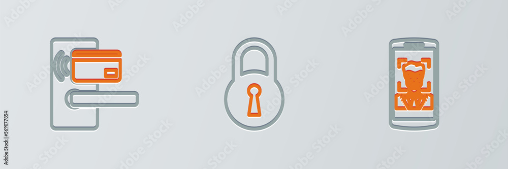 Poster set line mobile and face recognition, digital door lock with wireless and lock icon. vector