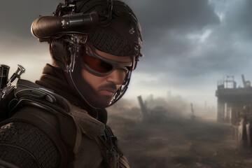 Futuristic Sci-Fi Man Soldier in an Apocalyptic Landscape under Dark Cloudy Sky Generative AI illustration