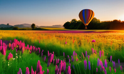 Hot Air Balloon over Flower Covered Field under Blue Sky Painted Illustration Generative AI