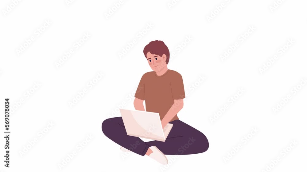 Poster animated boy typing on laptop. working on notebook computer. full body flat person on white backgrou