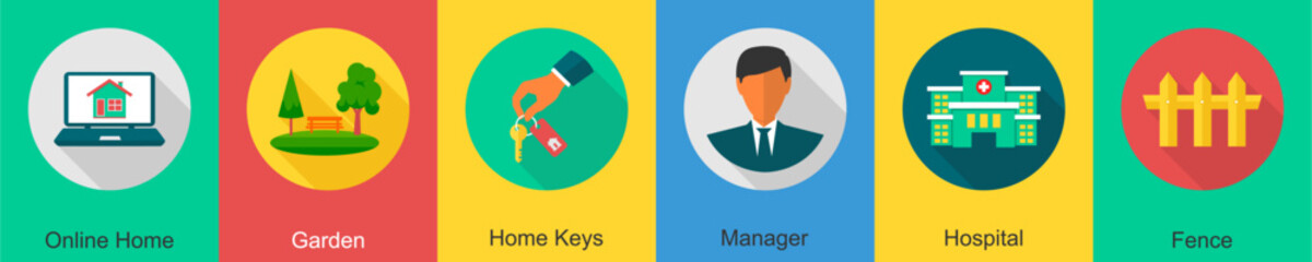 A set of 6 Real Estate icons as online home, garden, home keys 