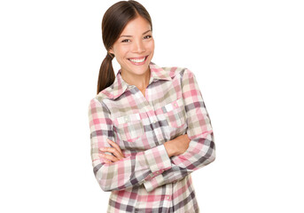 Smiling woman. Fresh outdoors type in cute lumberjack plaid shirt isolated cutout PNG on transparent background in studio. Happy beautiful mixed race Asian Caucasian female model.