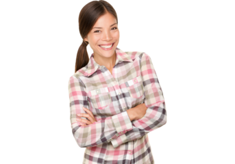 Smiling woman. Fresh outdoors type in cute lumberjack plaid shirt isolated cutout PNG on transparent background in studio. Happy beautiful mixed race Asian Caucasian female model.