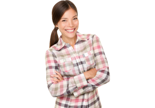 Smiling woman. Fresh outdoors type in cute lumberjack plaid shirt isolated cutout PNG on transparent background in studio. Happy beautiful mixed race Asian Caucasian female model. - Powered by Adobe