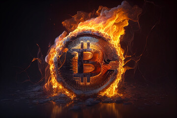 Coin bitcoin in fire burn burning cryptocurrency btc black background