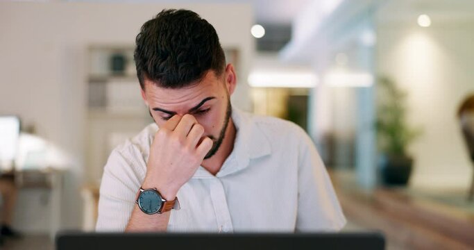 Business, man and leader with headache, burnout and overworked with deadline, proposal and schedule. Company, male employee or management with stress, device with glitch or mental health in workplace