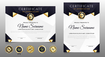 Black and gold certificate of appreciation border template with luxury badge and modern line and shapes. For award, business, and education needs. Diploma vector template