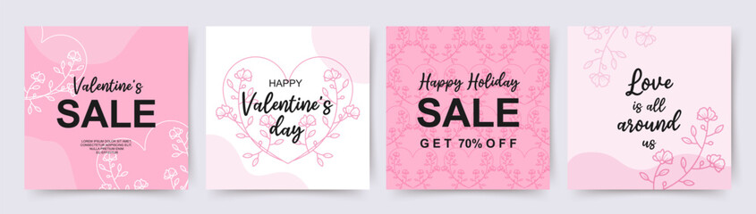 Valentine's day holidays square pink templates. Social media post with hearts. Sales promotion on Valentine's Day. Vector illustration for greeting cards, mobile apps, banner design and web ads.