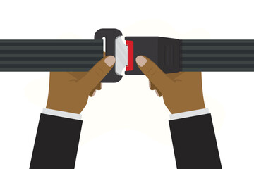 Passenger hands holding seat belt. African american driver fastens the seat belt. Close view. Fasten your seatbelt, warning banner. Poster with rule of safety traffic for driver.