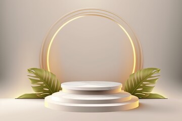 Podium for product presentation. Concept of bright colors and leaves