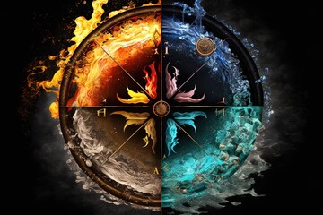 Four elements compass. Generative AI. Colorful magical fantasy compass, four elements earth, fire, water, air.