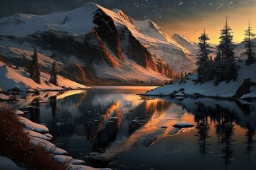 Beautiful landscape with snow mountain at the evening