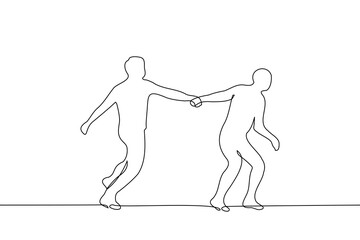 man runs grabbing the hand of another - one line drawing vector. concept silhouette of running people one of which leads