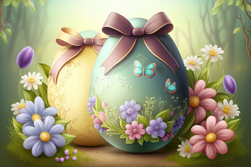 Cute Easter eggs with bows and flowers