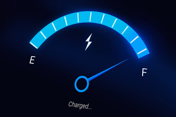 Modern electric vehicle charging display with blue glowing light and needle