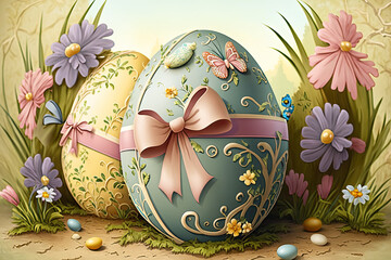 easter eggs with bow and flowers