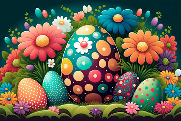 Colorfull easter eggs and flowers