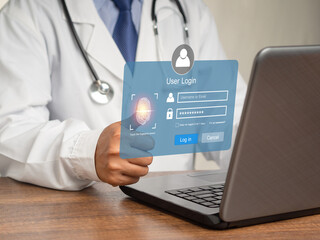 Doctor in uniform accesses the system with a fingerprint on the virtual screen