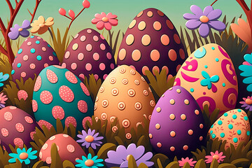 Easter eggs garden with flowers and dots.