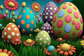 Easter eggs in grass with flowers and dots.