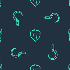 Set line Acorn, Sickle and Shovel on seamless pattern. Vector