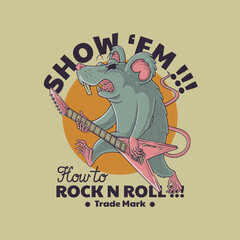 cartoon emblem of blue rat guitarist with retro style