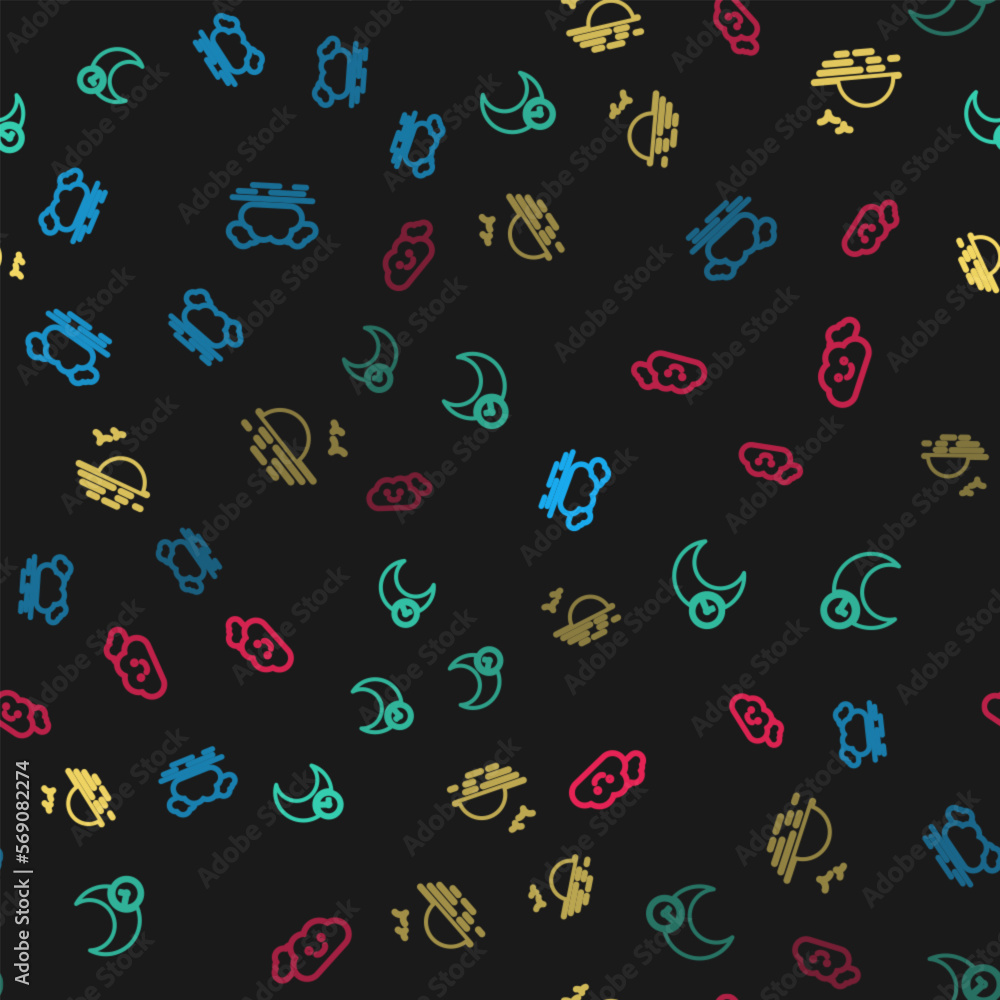 Poster set line cloud, sleeping moon, sunset and on seamless pattern. vector