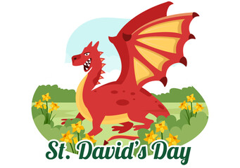 Happy St David's Day on March 1 Illustration with Welsh Dragons and Yellow Daffodils for Landing Page in Flat Cartoon Hand Drawn Templates