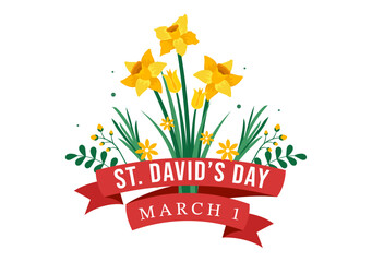 Happy St David's Day on March 1 Illustration with Welsh Dragons and Yellow Daffodils for Landing Page in Flat Cartoon Hand Drawn Templates