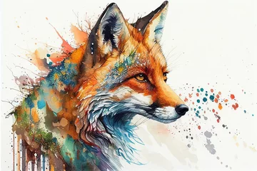 Muurstickers A Vibrant Watercolor Fox Illustration, watercolor illustration is a whimsical depiction of a fox, Fierce and Colorful A Watercolor Fox Portrait, Generative AI: © ARTMAXX