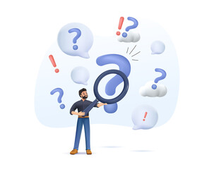 3D man holding magnifying glass and looking through it at interrogation points. 3D render concept of frequently asked questions, query, investigation, search for information. Modern 3D vector