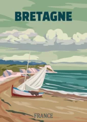 Keuken spatwand met foto Travel poster Bretagne France, vintage sailboat, seascape sand seashore landscape © hadeev