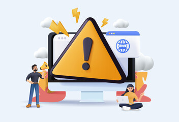 3D website testing, warning error. People examining operating system crash on web page isolated 3D render vector illustration. Cartoon mistake alert on website. Computer diagnostics 3D illustration