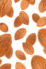 Levitation of almonds isolated on transparent background.