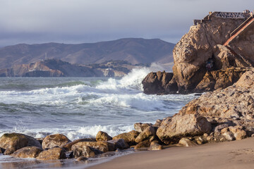Rocky sea cliffs, beautiful dramatic seascape of pacific bay, california, usa