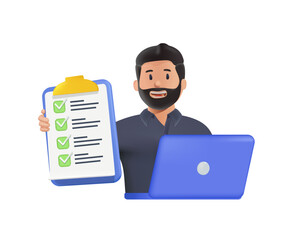 3D happy man character sitting at desk laptop showing document checklist with all tasks completed. 3D smiling businessman demonstrate filled form. Success and time management, SAAS product web app. 3D