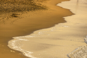 golden sandy beach with ocean waves, low tide at sunset, beautiful background, colorful landscape