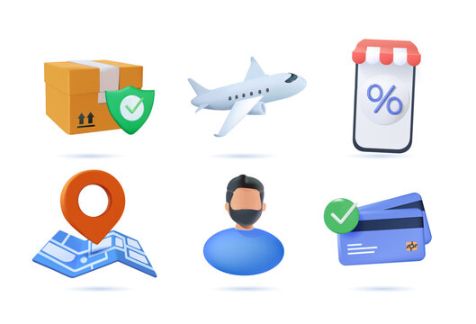 3D Business, icon set. Delivery ecommerce icons 3d render vector set. Map, pin, aircraft plane, delivery man or customer, box, online store. Shipping icons illustrations
