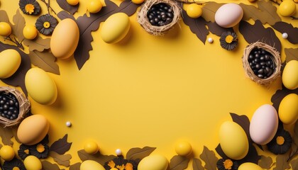 Easter background on yellow with white copy space. Generative AI