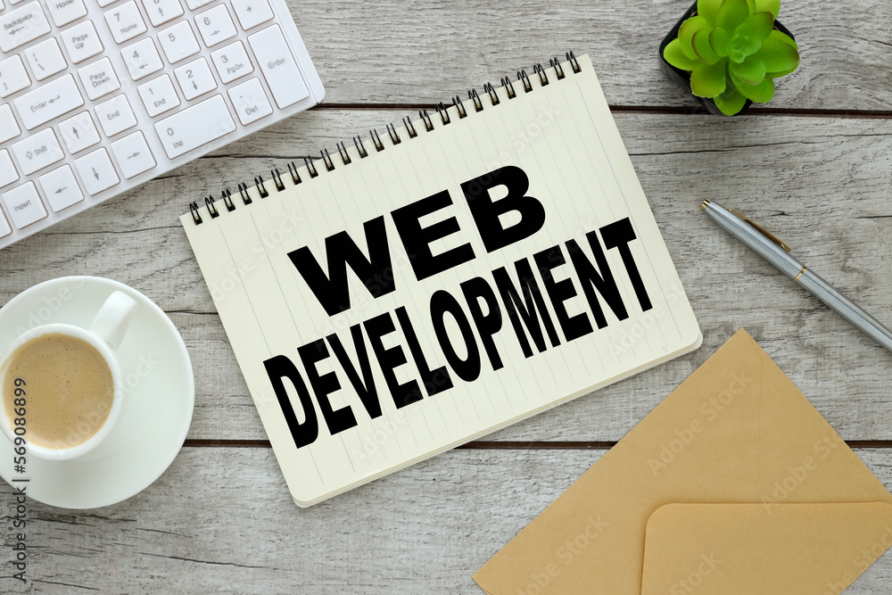 Poster web development. white keyboard and a cup of coffee and a white leaf with text