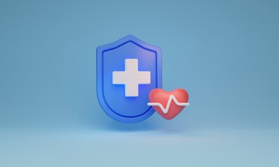 Health care concept with shield and heart pulse symbols, 3D illustration. Expertise and care provided to patients. Protection and safeguarding of health, well being and maintaining physical wellness.
