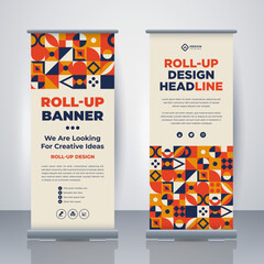 Geometric Business Roll Up. Standee Design. Banner Template. Presentation and Brochure. Geometric x-banner and flag-banner advertising. Vector illustration.