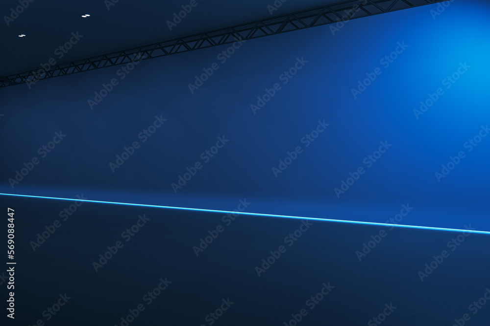Poster creative blue stage interior with mock up place on wall. performance and advertisement concept. 3d r