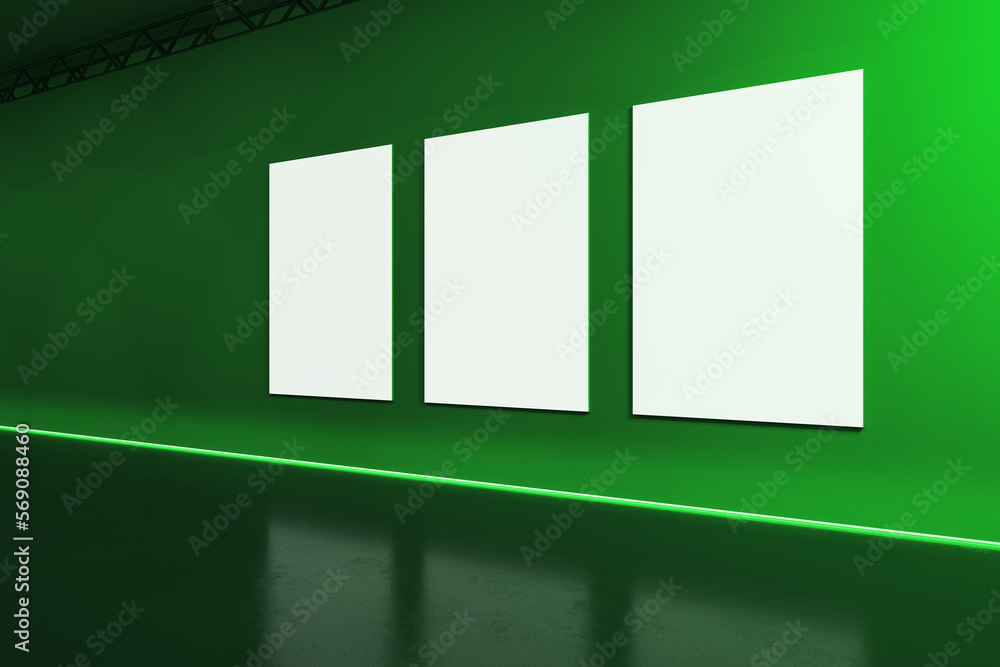 Poster Creative green stage interior with blank white mock up frames on wall. Performance and advertisement concept. 3D Rendering.